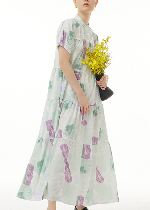 Green Print Button Maxi Dress Short Sleeve LY1207 - fabuloryshop