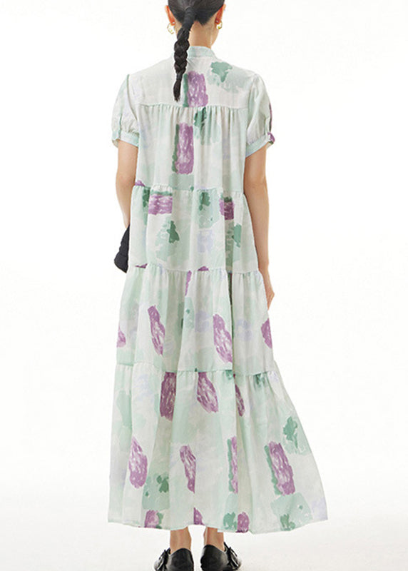 Green Print Button Maxi Dress Short Sleeve LY1207 - fabuloryshop