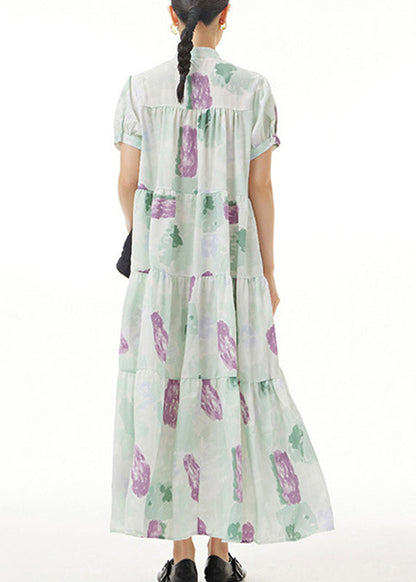 Green Print Button Maxi Dress Short Sleeve LY1207 - fabuloryshop