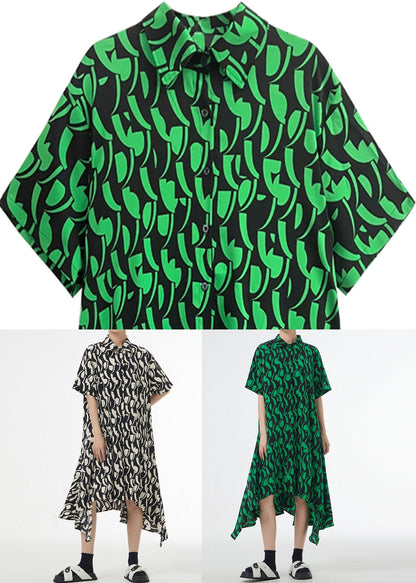 Green Print Button Patchwork Silk Cotton Shirts Dresses Peter Pan Collar Short Sleeve Ada Fashion