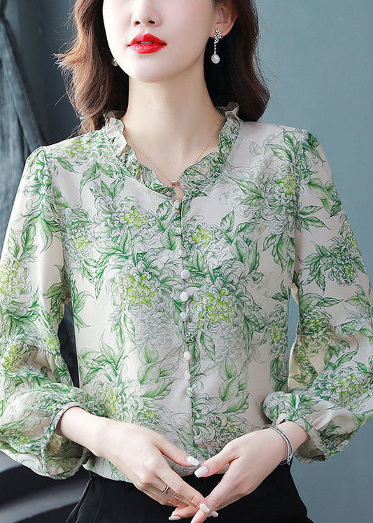 Green Print Chiffon Shirt Top Oversized Ruffled Spring LY0045 - fabuloryshop