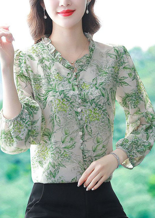 Green Print Chiffon Shirt Top Oversized Ruffled Spring LY0045 - fabuloryshop