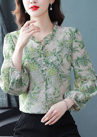 Green Print Chiffon Shirt Top Oversized Ruffled Spring LY0045 - fabuloryshop