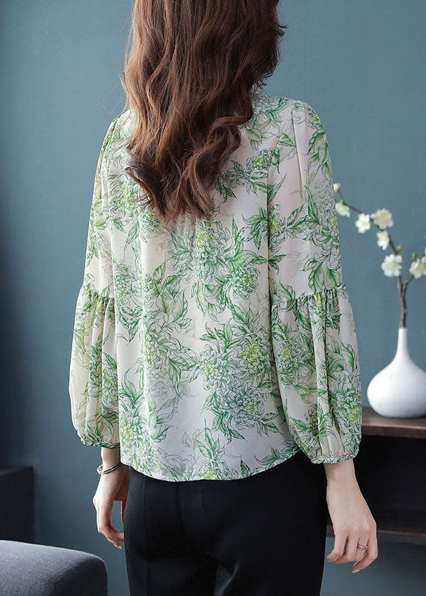 Green Print Chiffon Shirt Top Oversized Ruffled Spring LY0045 - fabuloryshop