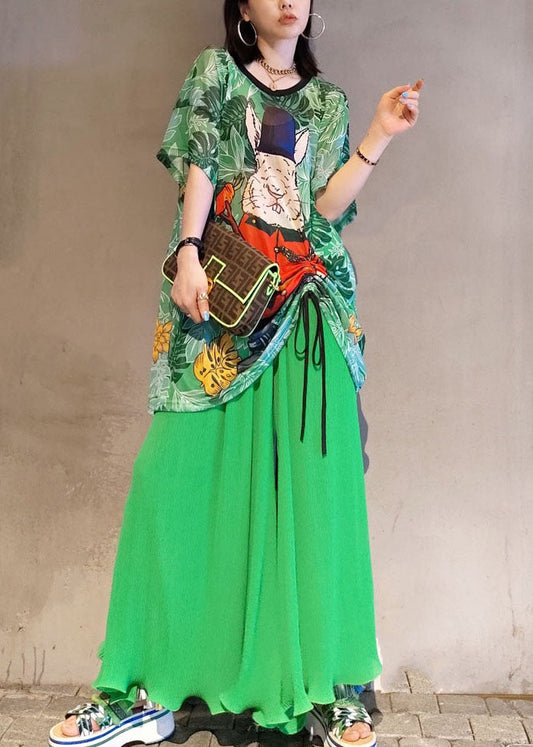 Green Print Chiffon Two Piece Set Women Clothing Drawstring Summer LY1580 - fabuloryshop