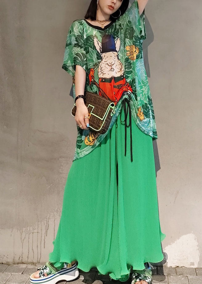 Green Print Chiffon Two Piece Set Women Clothing Drawstring Summer LY1580 - fabuloryshop