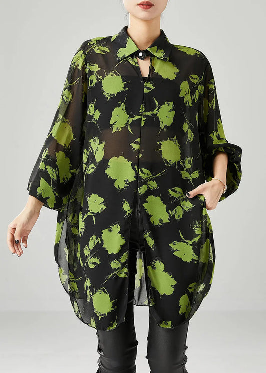 Green Print Chiffon UPF 50+ Shirt Tops Oversized Fall Ada Fashion