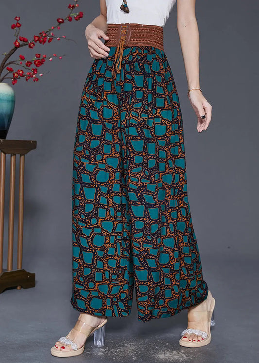 Green Print Chiffon Wide Leg Pants Draping Fall Ada Fashion