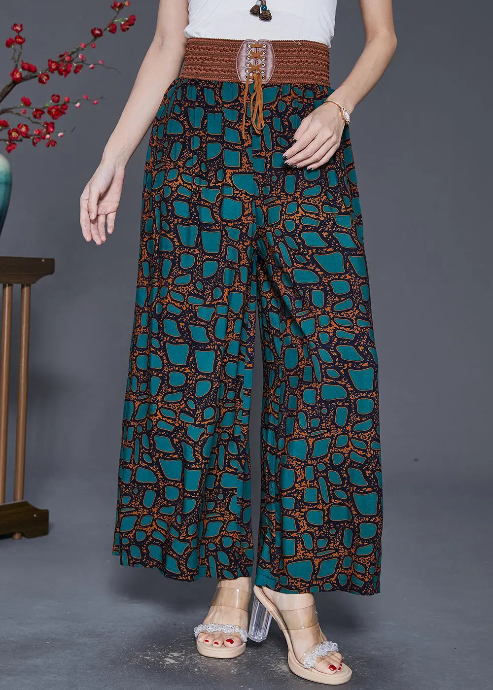 Green Print Chiffon Wide Leg Pants Draping Fall Ada Fashion