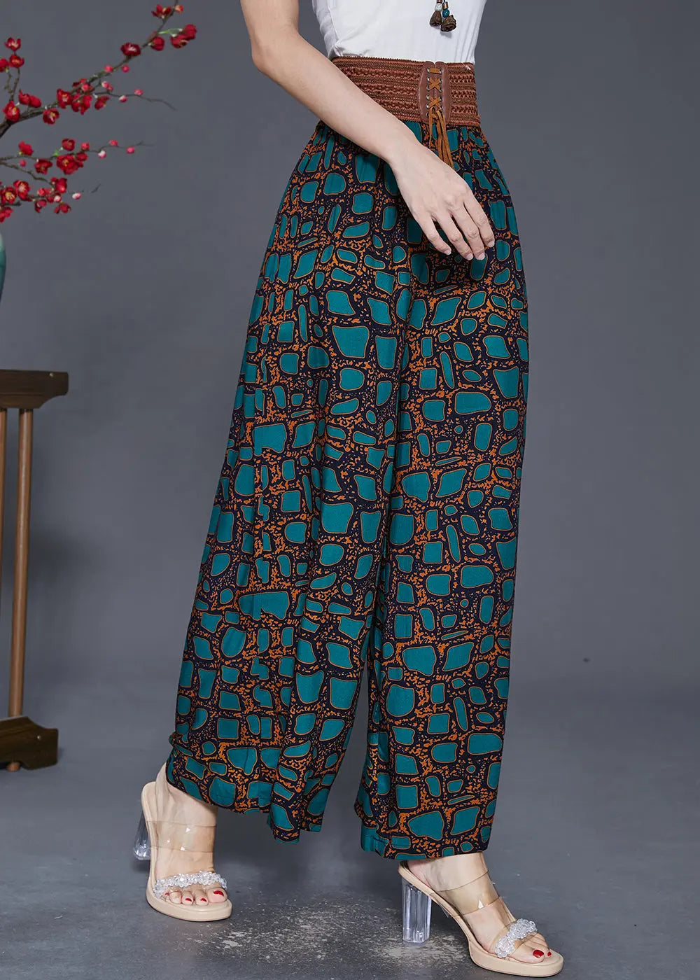 Green Print Chiffon Wide Leg Pants Draping Fall Ada Fashion