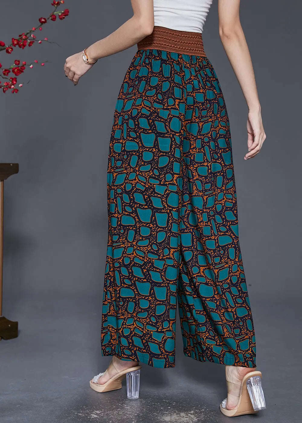 Green Print Chiffon Wide Leg Pants Draping Fall Ada Fashion