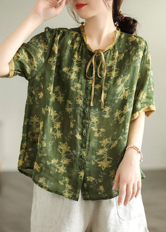 Green Print Linen Blouse Top Wrinkled  Summer LY0224 - fabuloryshop