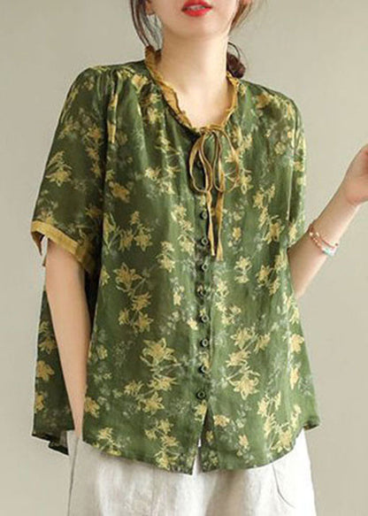 Green Print Linen Blouse Top Wrinkled  Summer LY0224 - fabuloryshop