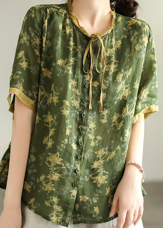 Green Print Linen Blouse Top Wrinkled  Summer LY0224 - fabuloryshop