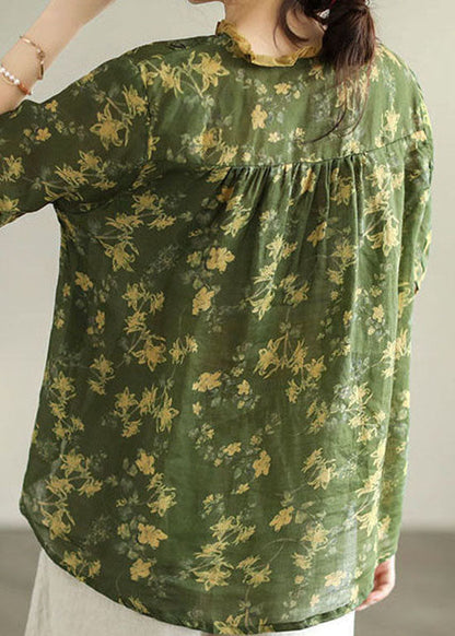 Green Print Linen Blouse Top Wrinkled  Summer LY0224 - fabuloryshop