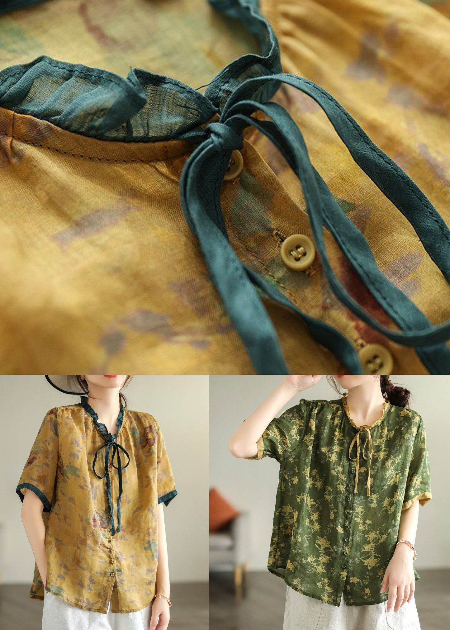 Green Print Linen Blouse Top Wrinkled  Summer LY0224 - fabuloryshop