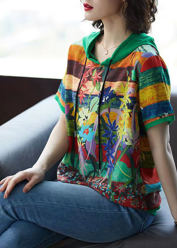 Green Print Patchwork Chiffon T Shirt Top Hooded Summer TQ1053 - fabuloryshop