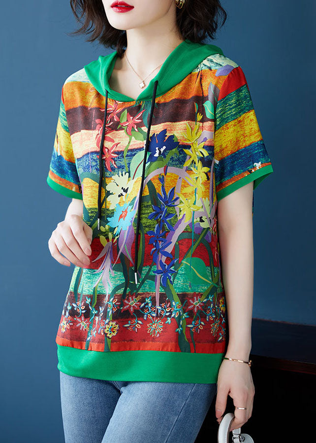 Green Print Patchwork Chiffon T Shirt Top Hooded Summer TQ1053 - fabuloryshop