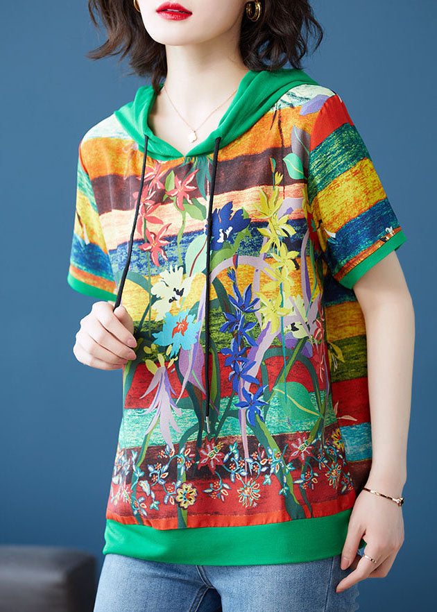 Green Print Patchwork Chiffon T Shirt Top Hooded Summer Ada Fashion