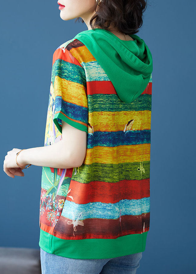 Green Print Patchwork Chiffon T Shirt Top Hooded Summer Ada Fashion