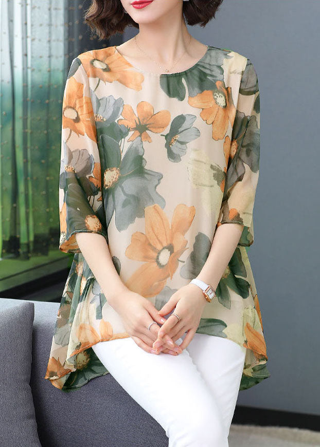 Green Print Patchwork Chiffon T Shirt Tops O Neck Summer TP1034 - fabuloryshop