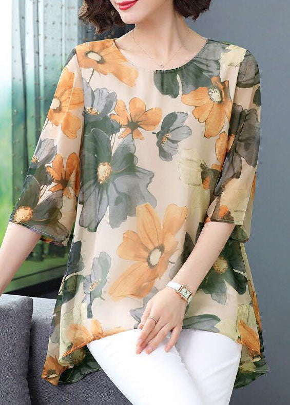 Green Print Patchwork Chiffon T Shirt Tops O Neck Summer TP1034 - fabuloryshop