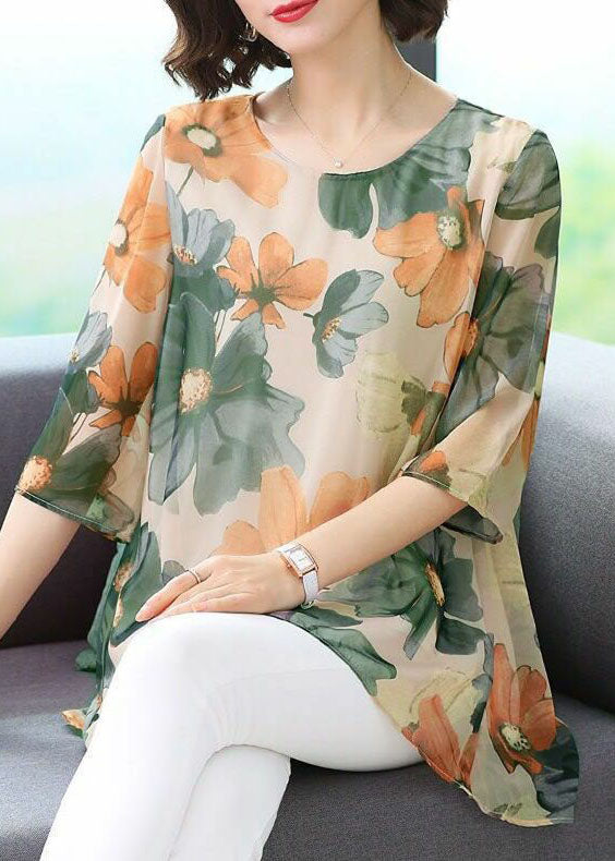 Green Print Patchwork Chiffon T Shirt Tops O Neck Summer TP1034 - fabuloryshop