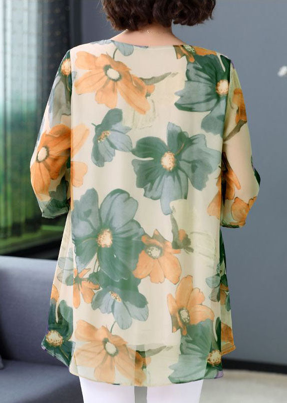 Green Print Patchwork Chiffon T Shirt Tops O Neck Summer TP1034 - fabuloryshop