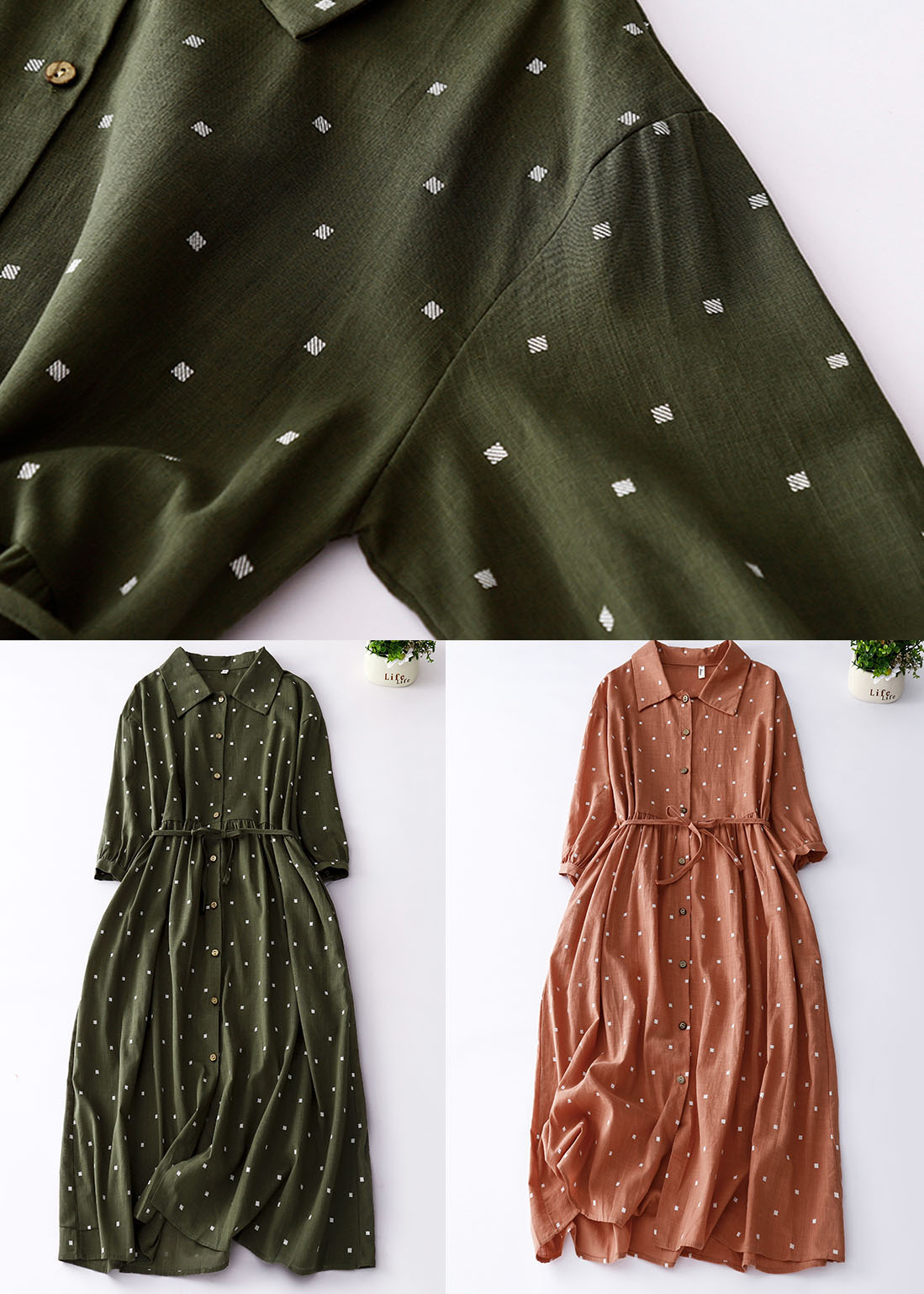 Green Print Patchwork Cotton Dresses Peter Pan Collar Tie Waist Summer Ada Fashion