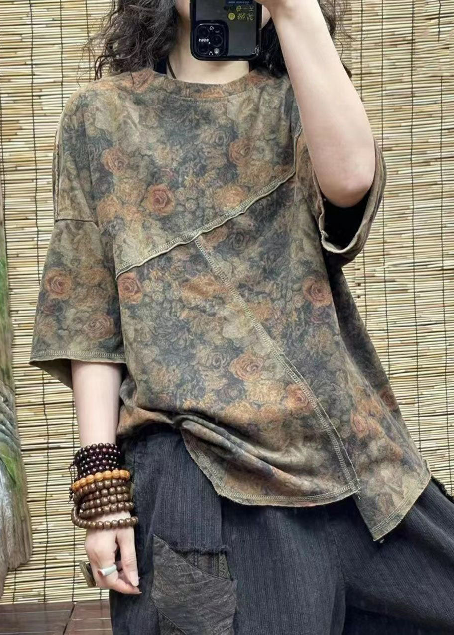 Green Print Patchwork Cotton T Shirt Top Asymmetrical Summer LY4537 - fabuloryshop