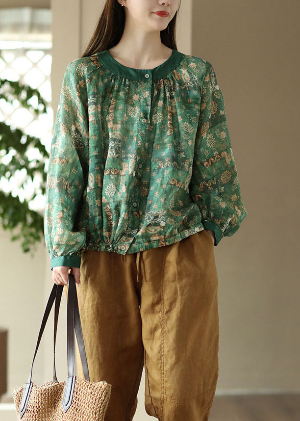 Green Print Patchwork Linen Blouses O Neck Wrinkled Button Spring LY5092 - fabuloryshop