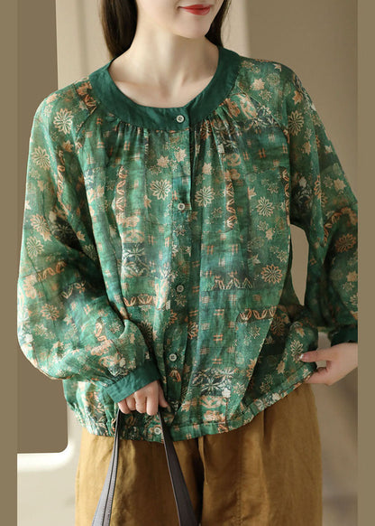 Green Print Patchwork Linen Blouses O Neck Wrinkled Button Spring LY5092 - fabuloryshop