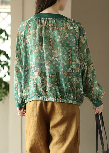 Green Print Patchwork Linen Blouses O Neck Wrinkled Button Spring LY5092 - fabuloryshop