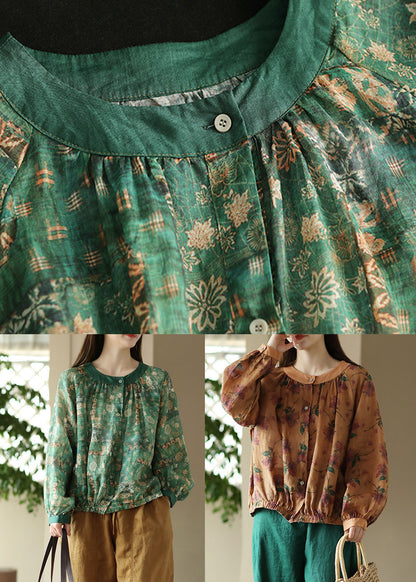 Green Print Patchwork Linen Blouses O Neck Wrinkled Button Spring LY5092 - fabuloryshop