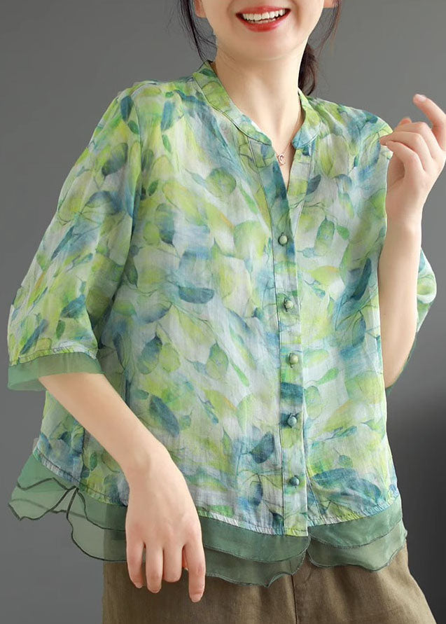 Green Print Patchwork Linen Shirt Top V Neck Button Half Sleeve Ada Fashion