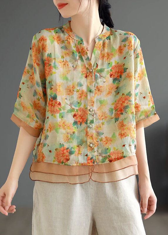 Green Print Patchwork Linen Shirt Top V Neck Button Half Sleeve Ada Fashion