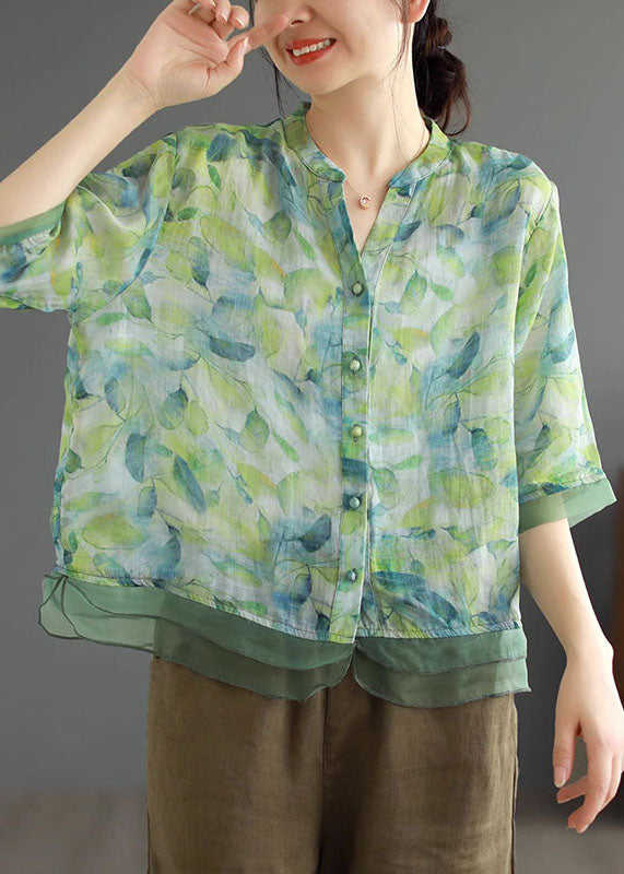 Green Print Patchwork Linen Shirt Top V Neck Button Half Sleeve Ada Fashion