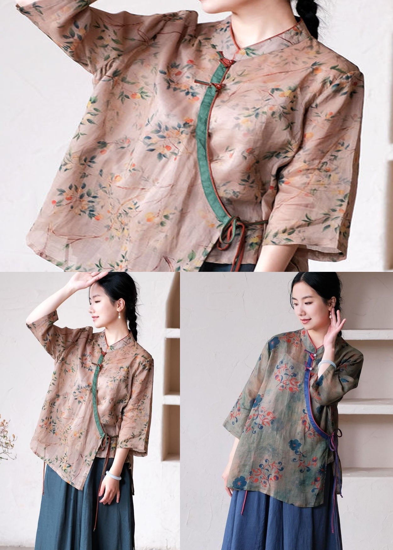 Green Print Patchwork Linen Shirt Tops Stand Collar Lace Up Summer LY2521 - fabuloryshop