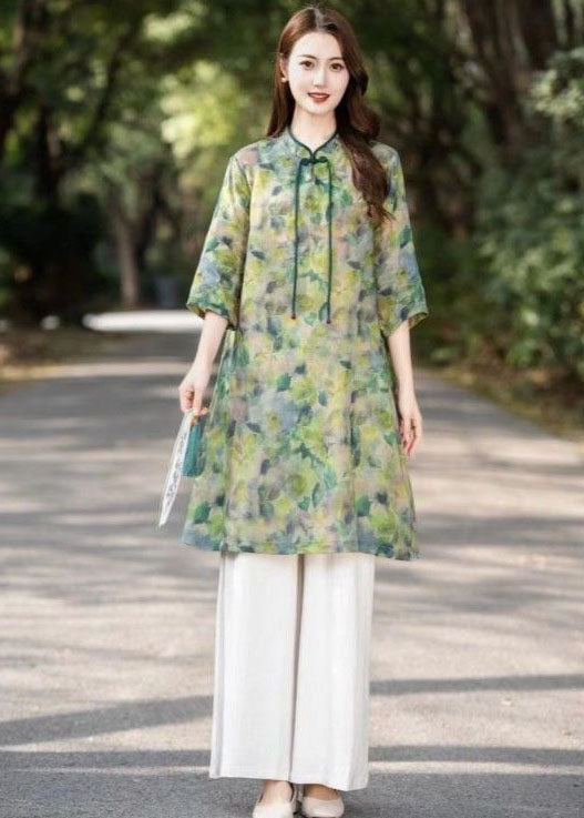 Green Print Patchwork Linen Shirts Dress Stand Collar Bracelet Sleeve LY2534 - fabuloryshop