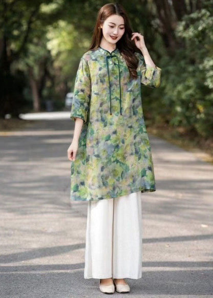 Green Print Patchwork Linen Shirts Dress Stand Collar Bracelet Sleeve LY2534 - fabuloryshop