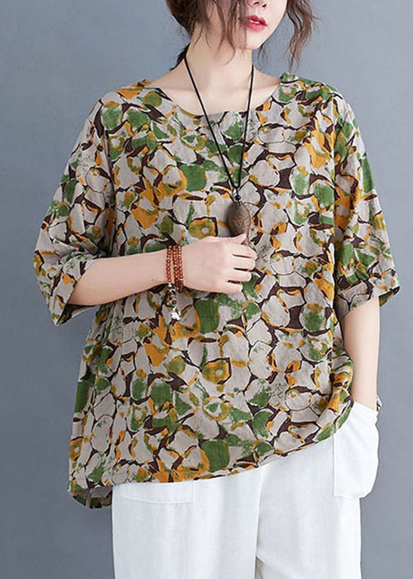 Green Print Patchwork Linen T Shirt O Neck Short Sleeve LY4081 - fabuloryshop