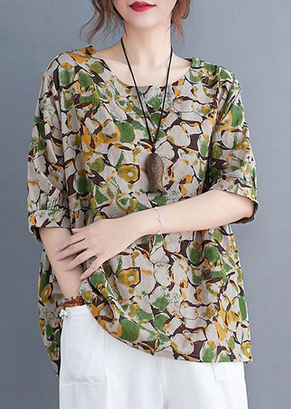 Green Print Patchwork Linen T Shirt O Neck Short Sleeve LY4081 - fabuloryshop