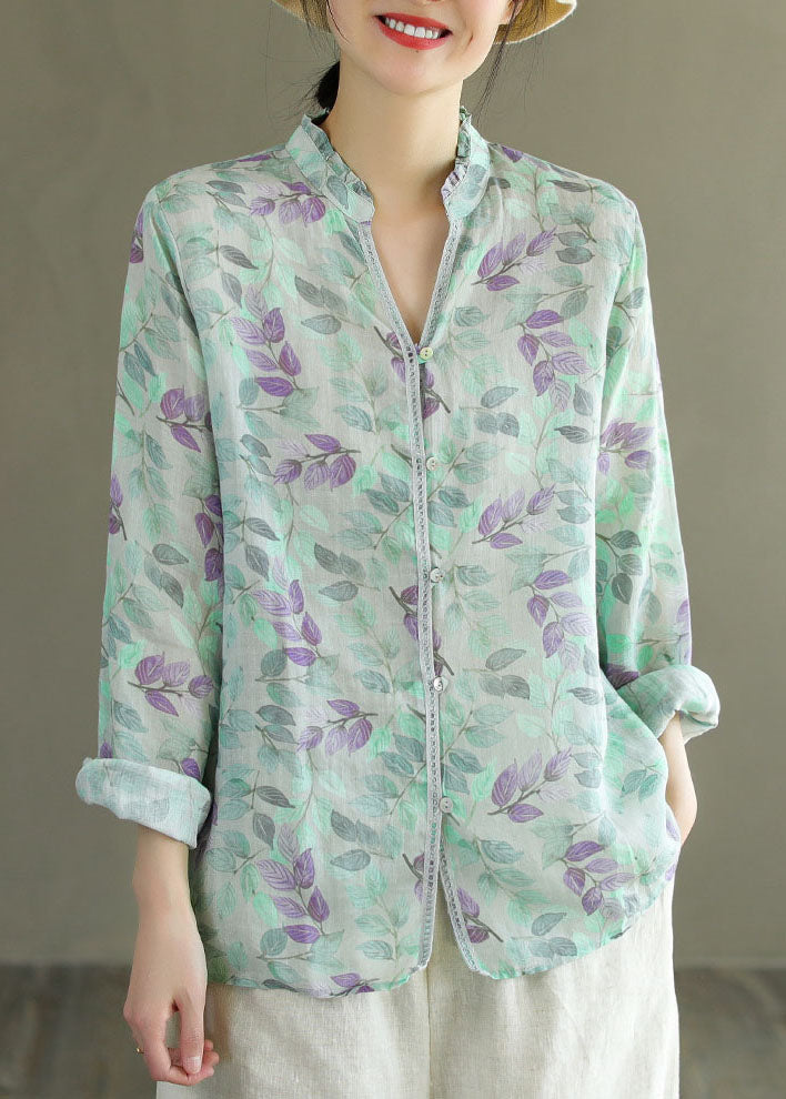 Green Print Patchwork Linen Top V Neck Ruffled Button Long Sleeve Ada Fashion