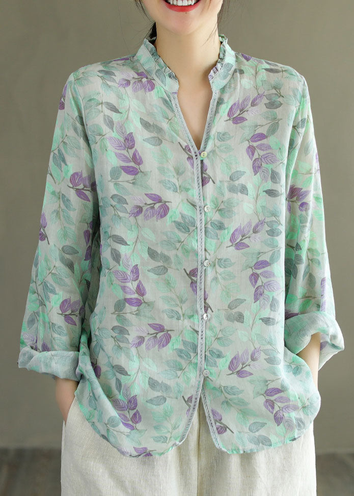 Green Print Patchwork Linen Top V Neck Ruffled Button Long Sleeve Ada Fashion