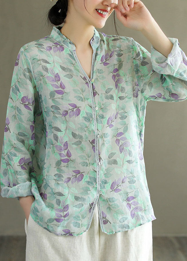 Green Print Patchwork Linen Top V Neck Ruffled Button Long Sleeve Ada Fashion