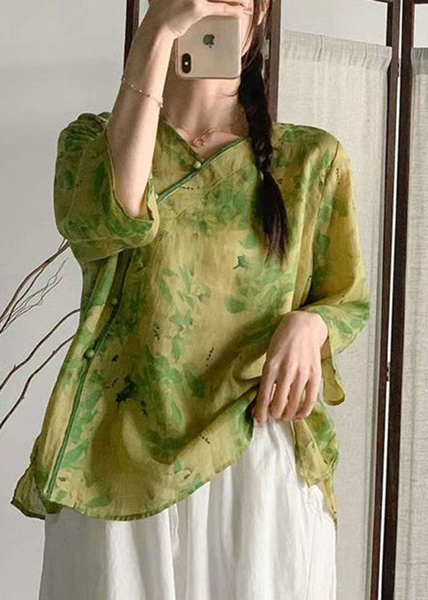 Green Print Patchwork Linen Tops V Neck Chinese Button Summer LY4065 - fabuloryshop