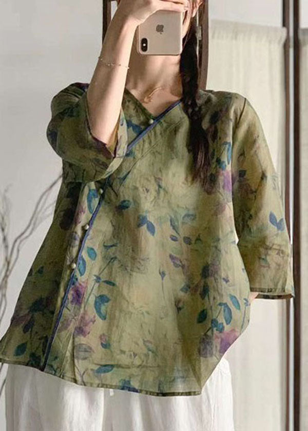 Green Print Patchwork Linen Tops V Neck Chinese Button Summer LY4065 - fabuloryshop