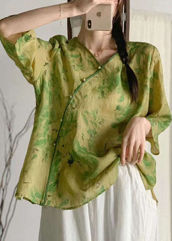 Green Print Patchwork Linen Tops V Neck Chinese Button Summer LY4065 - fabuloryshop