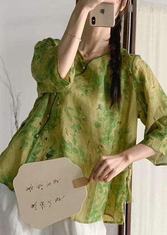 Green Print Patchwork Linen Tops V Neck Chinese Button Summer LY4065 - fabuloryshop