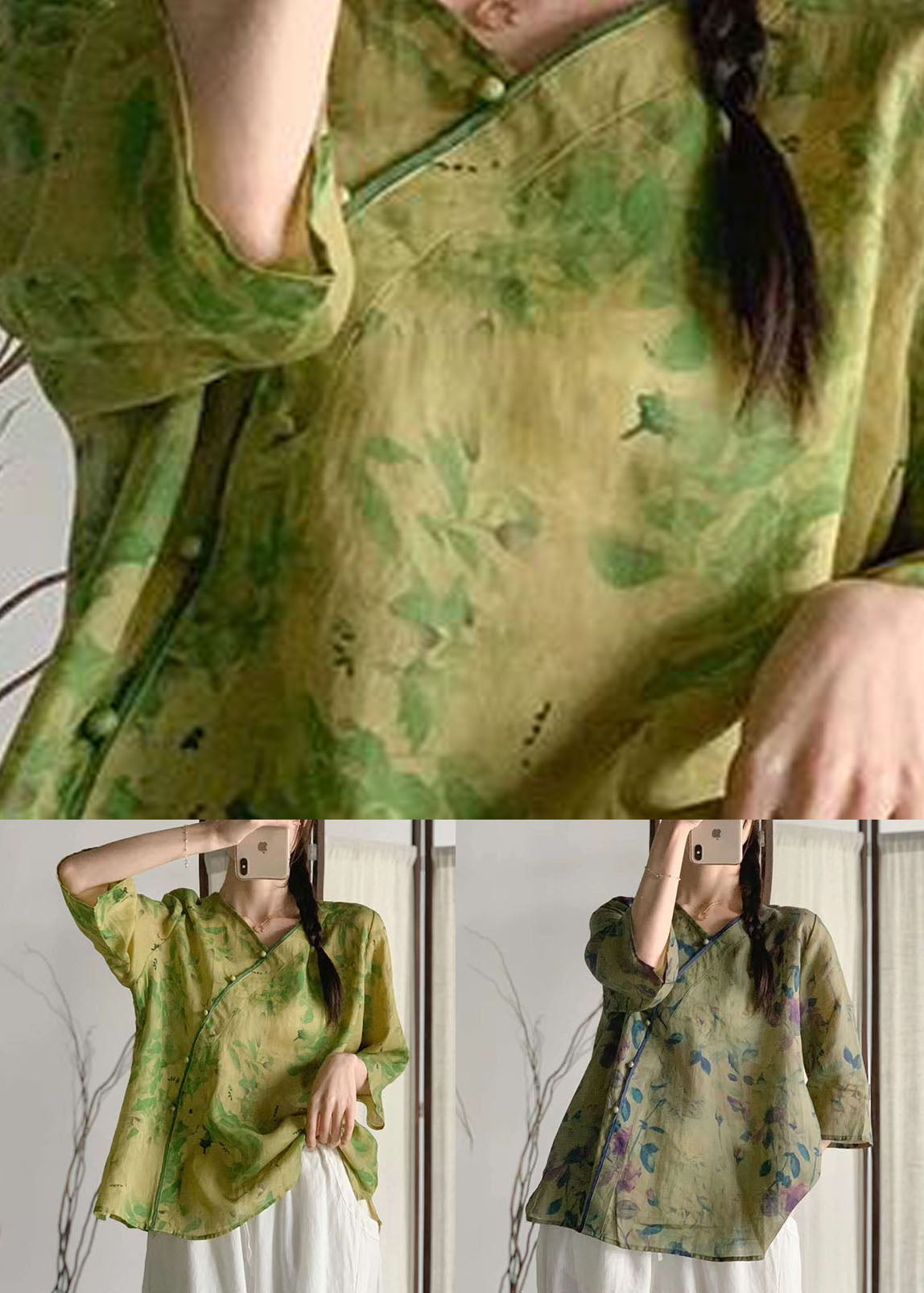 Green Print Patchwork Linen Tops V Neck Chinese Button Summer LY4065 - fabuloryshop